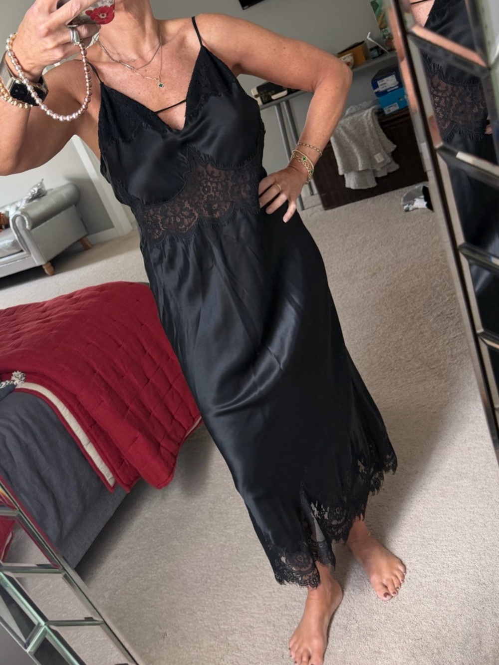 All Saints Black Satin Lace Trim Slip Dress - Picture 2 of 11